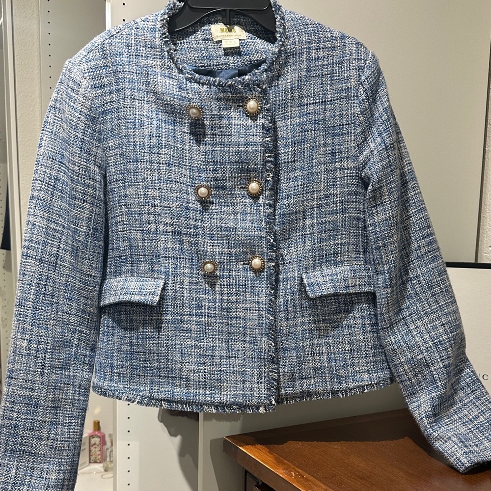 Anthropologie Blue Tweed Double-Breasted Pearl Button Jacket